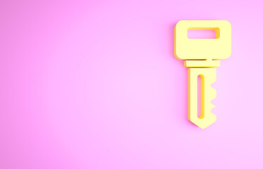 Yellow House key icon isolated on pink background. Minimalism concept. 3d illustration 3D render.