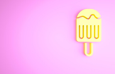 Yellow Ice cream on stick icon isolated on pink background. Sweet symbol. Minimalism concept. 3d illustration 3D render.