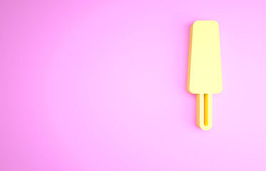 Yellow Ice cream on stick icon isolated on pink background. Sweet symbol. Minimalism concept. 3d illustration 3D render.