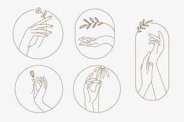 Obraz premium Set of modern line hands concepts for beauty, cosmetics, healthcare, body care, fashion. Vector illustration elements for graphic and web design, marketing material, product presentation, social media
