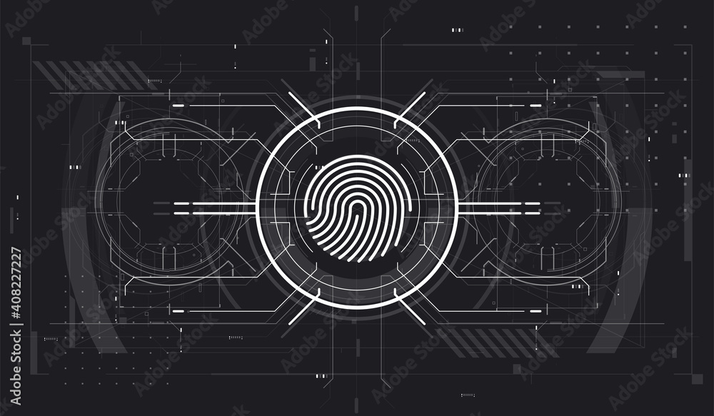 Aufkleber biometric id with futuristic hud interface. fingerprint scanning technology concept illustration. id