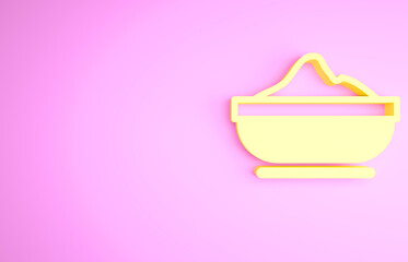 Yellow Flour bowl icon isolated on pink background. Baking Ingredients. Healthy organic food. Kitchen utensils cup. Dough cooking. Minimalism concept. 3d illustration 3D render.