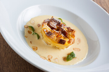 Cake pudding with vanilla sauce