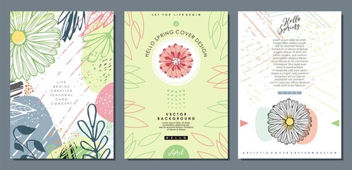 Floral patterns and cover templates. Wedding and anniversary cards and placards designs with plants and flowers. Decorative invitation, brochure and seasonal greetings vector documents.