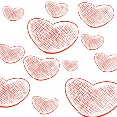 White background with a pattern of red hearts with a grid. Digital illustration.