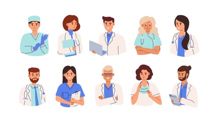 Set of smiling doctors, nurses and paramedics. Portraits of male and female medic workers in uniform with stethoscopes, masks and gloves. Flat cartoon vector illustration isolated on white background