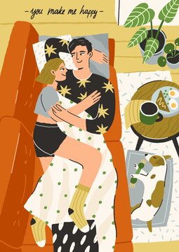 Scene with couple in love hugging and relaxing together. Happy young man and woman in romantic relationships lying on sofa at home. Hand-drawn vertical postcard. Colored flat vector illustration