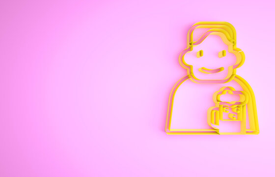 Yellow Happy man with beer icon isolated on pink background. Minimalism concept. 3d illustration 3D render.