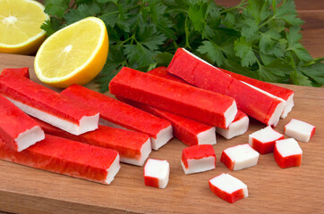 Delicious crab sticks prepared for eating.