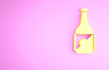 Yellow Beer bottle icon isolated on pink background. Minimalism concept. 3d illustration 3D render.
