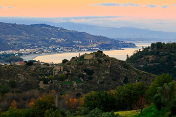 View of the ruins of the ancient village of Soverato (Soverato vecchia) and the Gulf of Squillace (Calabria, Italy)