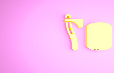 Yellow Wooden axe in stump icon isolated on pink background. Lumberjack axe. Axe stuck in wood. Chopping wood. Minimalism concept. 3d illustration 3D render.
