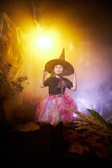Little cute blonde girl looking as witch in special dress and hat in room decorated for Halloween. Witchcraft and wizardry in carnival. Halloween style photo shoot.