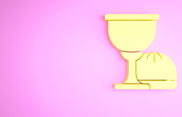 Yellow Holy grail or chalice icon isolated on pink background. Christian chalice. Christianity icon. Minimalism concept. 3d illustration 3D render.