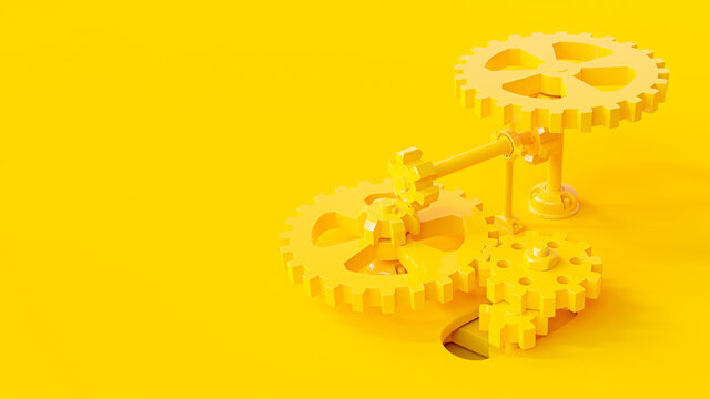 Yellow Gear Multi-layer on yellow background. Copy space for your text. Minimal and creative idea concept, 3d render.