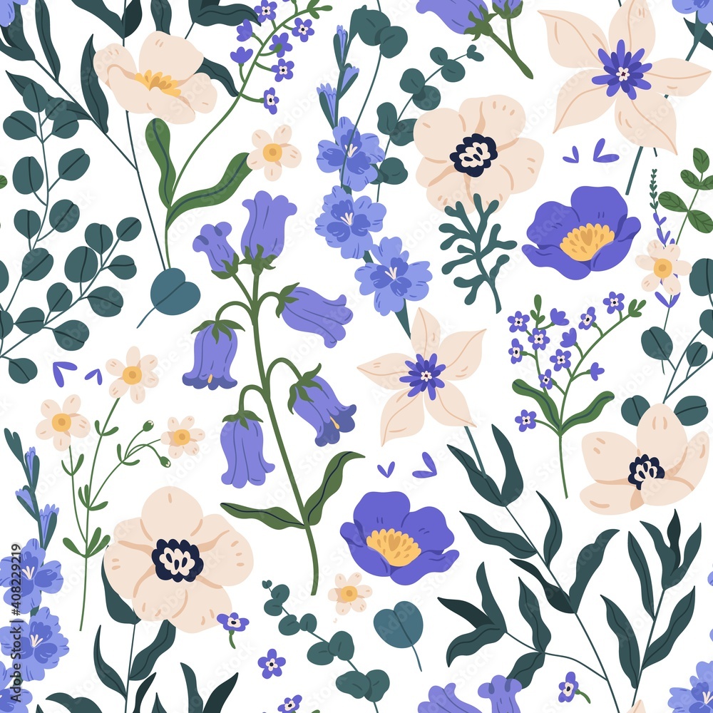Poster gorgeous seamless floral pattern with bluebells and forget-me-nots. endless design with delicate wil