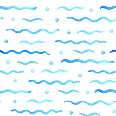 Watercolor  seamless pattern with  sea waves and pearls or bubbles on white. Great for fabrics, wrapping papers, wallpapers, linens, baby clothes. Hand painted illustration. Textile print.