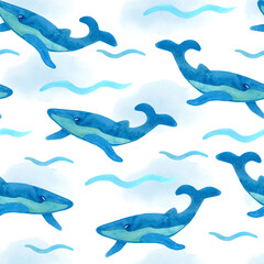 Watercolor blue seamless pattern with whales and waves  on white. Great for fabrics, wrapping papers, wallpapers, linens, baby clothes. Hand painted illustration. Beautiful textile print.