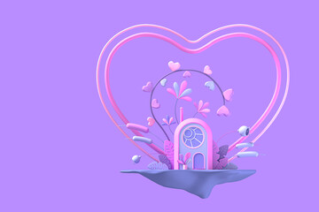 Concept art on the theme of Valentine's Day. A stylized cartoon house on an island with flowers and a heart-shaped frame. 3d illustration