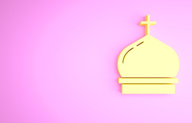 Yellow Christian church tower icon isolated on pink background. Religion of church. Minimalism concept. 3d illustration 3D render.