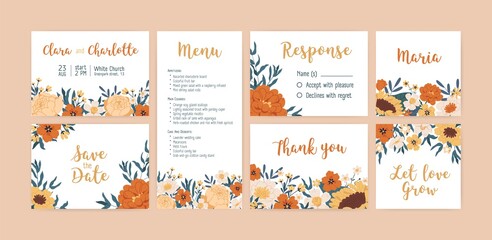 Set of vertical, horizontal and square wedding invitation cards, labels and menu with elegant autumn flowers. Templates with floral border and place for text. Colorful flat vector illustration