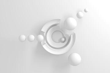 Abstract light three-dimensional background of many circles with a stylized display of the planet and satellites on white background. 3D illustration