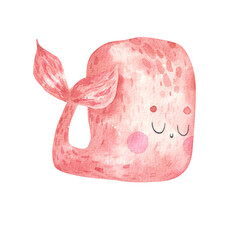 pink cartoon whale fish, childrens watercolor illustration