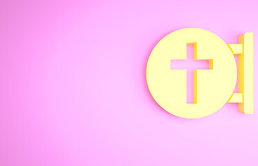 Yellow Christian cross icon isolated on pink background. Church cross. Minimalism concept. 3d illustration 3D render.
