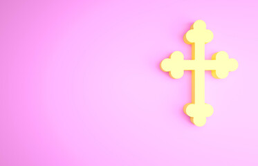 Yellow Christian cross icon isolated on pink background. Church cross. Minimalism concept. 3d illustration 3D render.