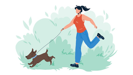 Pet Walking And Running In Park With Girl Vector