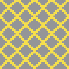 Geometric seamless pattern with gray pixel art rhombus on yellow background. Abstract diamond vector pattern. Simple vector illustration. Geometric zigzag design for fabric, wallpaper, textile