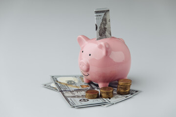 Piggy bank with dollar banknotes and coins. Finance and investment concept.