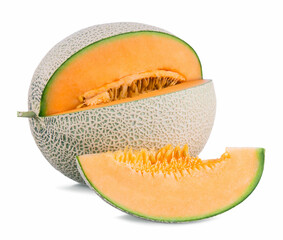 cantaloupe melon with seeds isolated on a white background