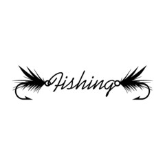 Fly fishing lure icon isolated on white background. Word Fishing sign