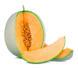 cantaloupe melon with seeds isolated on a white background