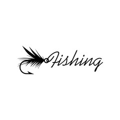 Fly fishing lure icon isolated on white background. Word Fishing sign