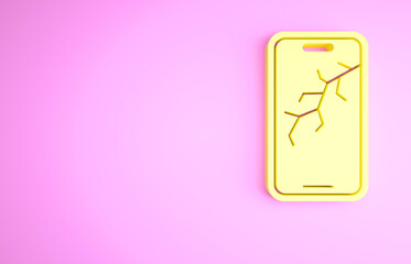 Yellow Smartphone with broken screen icon isolated on pink background. Shattered phone screen icon. Minimalism concept. 3d illustration 3D render.