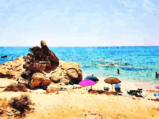 Fototapeta na wymiar A glimpse of one of the beaches of Sardinia with tourists relaxing in the summer. Digital watercolors