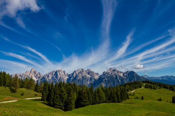 Suggestive view of the Dolomites mountain in a clarely summer morning.