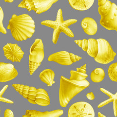 Seamless pattern with underwater life objects - yellow sea shells, marine starfish. Watercolor hand drawn painting illustration isolated on grey background.