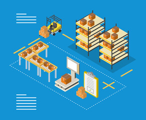 Delivery and logistics isometric boxes on furnitures forklift and scale vector design