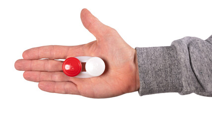 Man hand is holding contact lens case