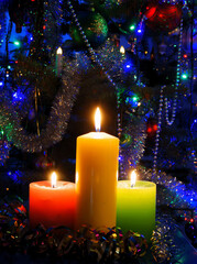 various multicolor ornaments and candles for celebrating Christmas holidays