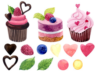 Clipart. Watercolor elements. Cakes painted with watercolors. Valentine's Day.