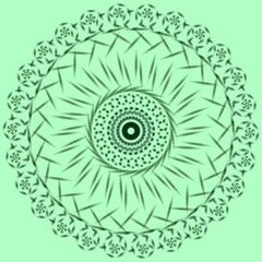 Gradation of the mandala in green on a green background. Geometric pattern of round mandala flowers. The pattern of yoga. Meditative illustration.