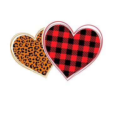 Vector illustration of two hearts with buffalo plaid and leopard print isolated on white background. Two decorated hearts for cut, sublimation, print, for t-shirt design, Happy Valentines day card.