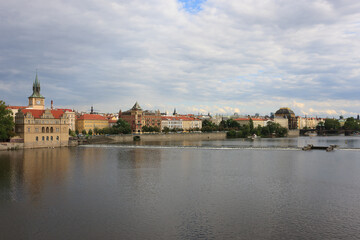 Naklejka na ściany i meble view on Prague old town,Vlatava river and iconic Charles bridge, Czech Republic