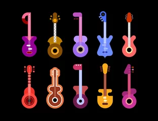 Gordijnen Set van tien verschillende veelkleurige gitaren geïsoleerd op een zwarte achtergrond. Elektrische en akoestische gitaren. ©  danjazzia