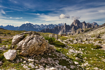 Suggestive view of the Dolomites mountain in a clarely summer morning.