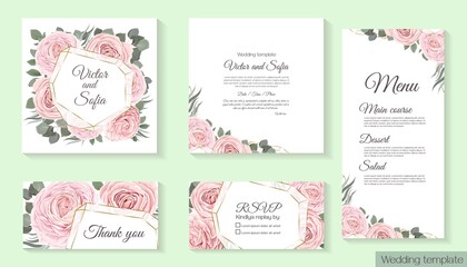 Floral design for wedding invitation. Gold frame in the shape of a crystal, pink roses, green plants, eucalyptus. Vector invitation set: square card for invitation, menu, thank you, rsvp.